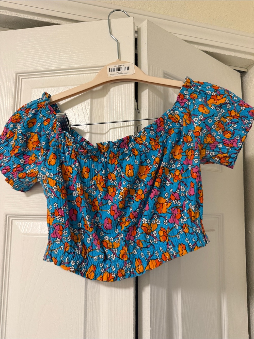 Topshop Turquoise Floral Puff-Sleeve Shirred Crop Top - Picture 3 of 3